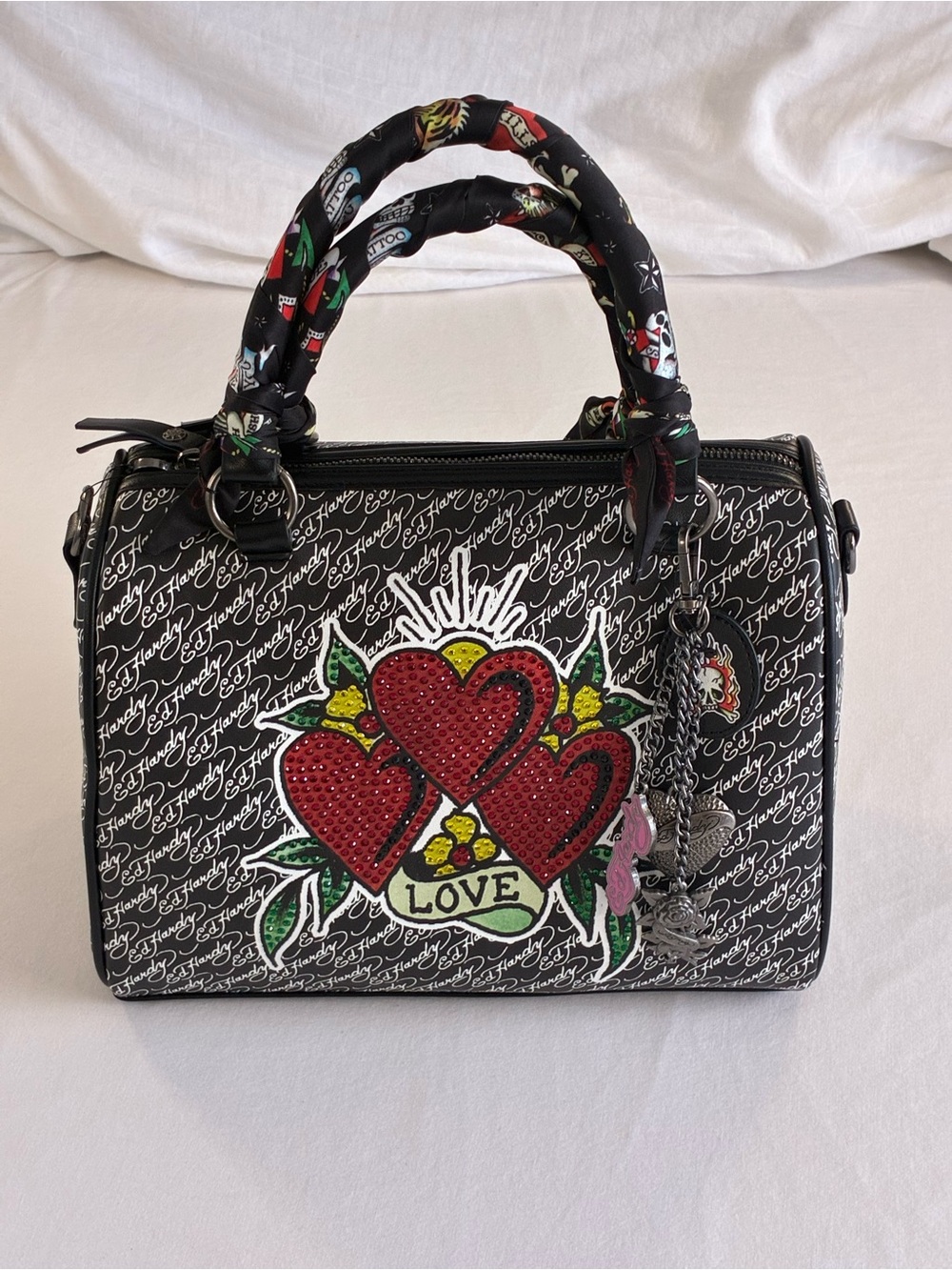 Ed Hardy Black Satchel with Red Heart Appliqué and Multicolor Accents